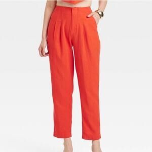 A New Day Linen Blend Trouser Pants 2 Womens Red Pleated High Rise Ankle Preppy